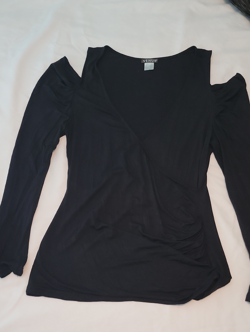VENUS Black Cold-Shoulder Wrap-Style Long Sleeve Top
